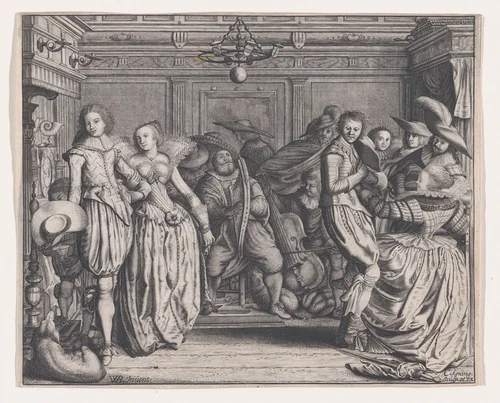 Interior with Dancing Couples and Musicians by Cornelis Koning, print, 1615-1625