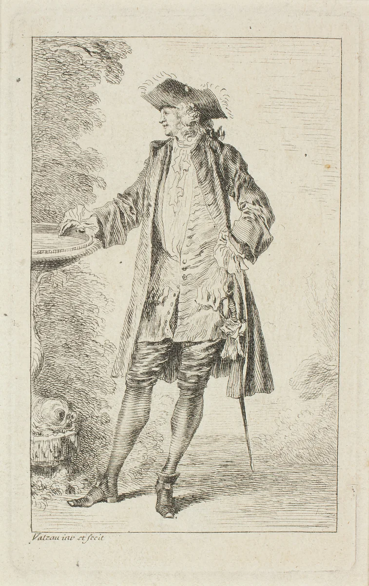 Standing Man with Hand on Basin, from Figures de modes by Jean-Antoine Watteau, print, 1705-1715