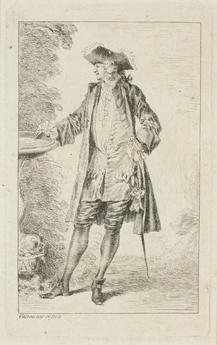 Standing Man with Hand on Basin, from Figures de modes by Jean-Antoine Watteau, print, 1705-1715