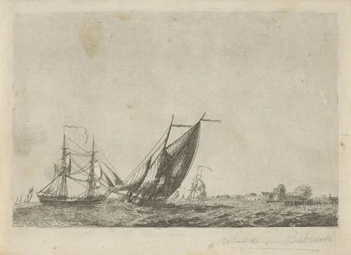 Schepen op zee bij een vesting by Hendrik Kobell, print, 1761-1779