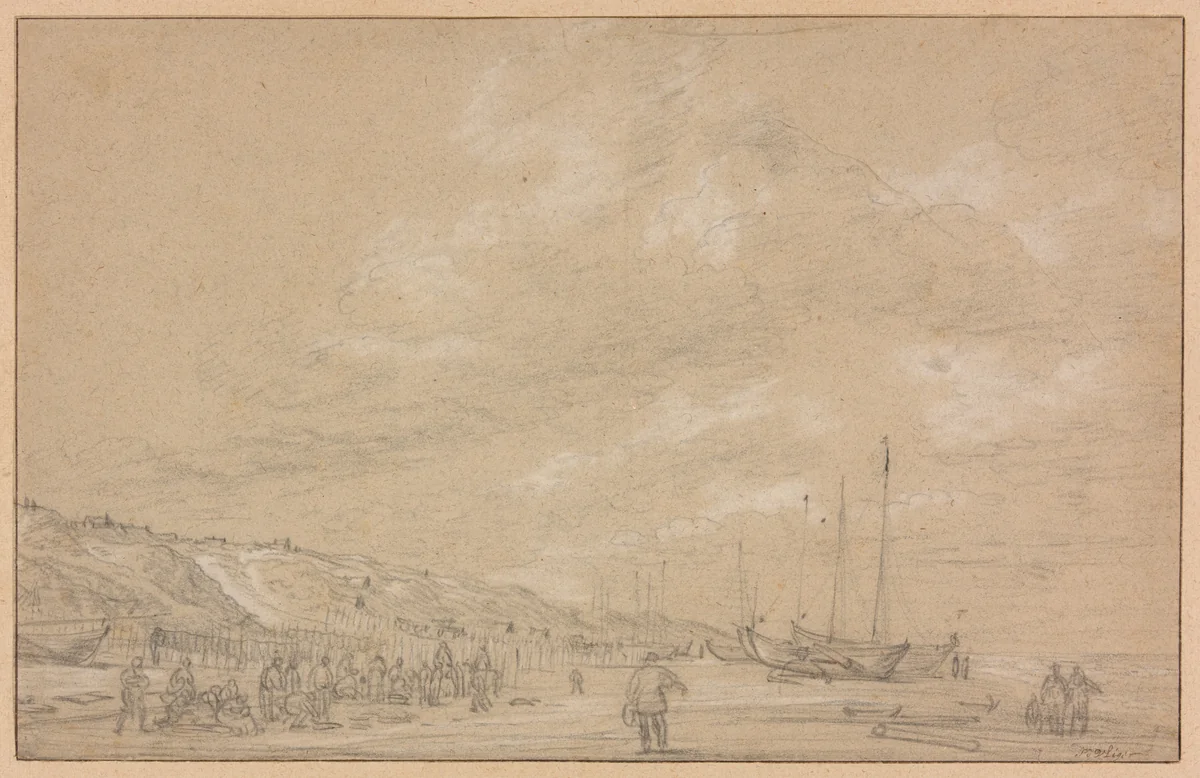 Fishermen Drying Nets on Scheveningen Beach by Simon de Vlieger, drawing, 1630-1635