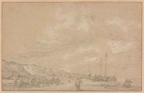 Fishermen Drying Nets on Scheveningen Beach by Simon de Vlieger, drawing, 1630-1635
