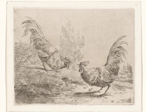 Twee vechtende hanen by Albertus Verhoesen, print, 1816-1881