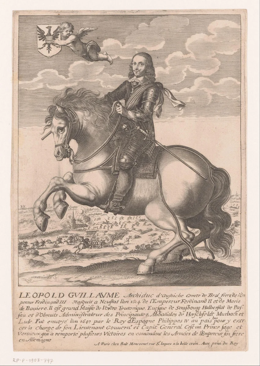 Portret van Leopold Willem van Oostenrijk te paard by anonymous, print, 1634-1668