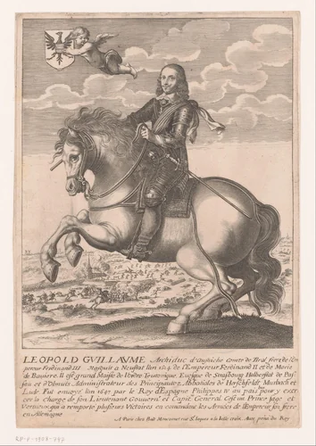 Portret van Leopold Willem van Oostenrijk te paard by anonymous, print, 1634-1668