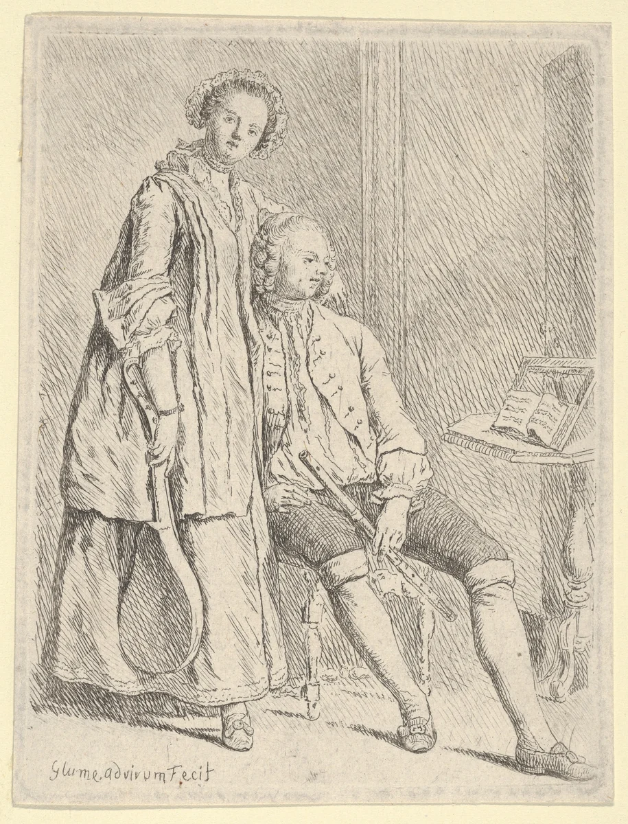 Young Couple with Flute & Cittern by Johann Gottlieb Glume, print, 1725-1778