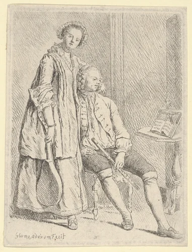 Young Couple with Flute & Cittern by Johann Gottlieb Glume, print, 1725-1778