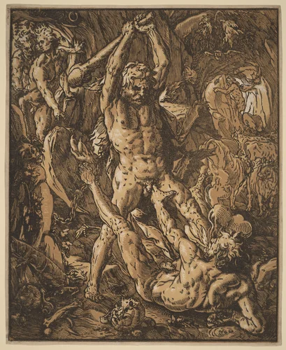Hercules Killing Cacus by Hendrick Goltzius, print, 1588