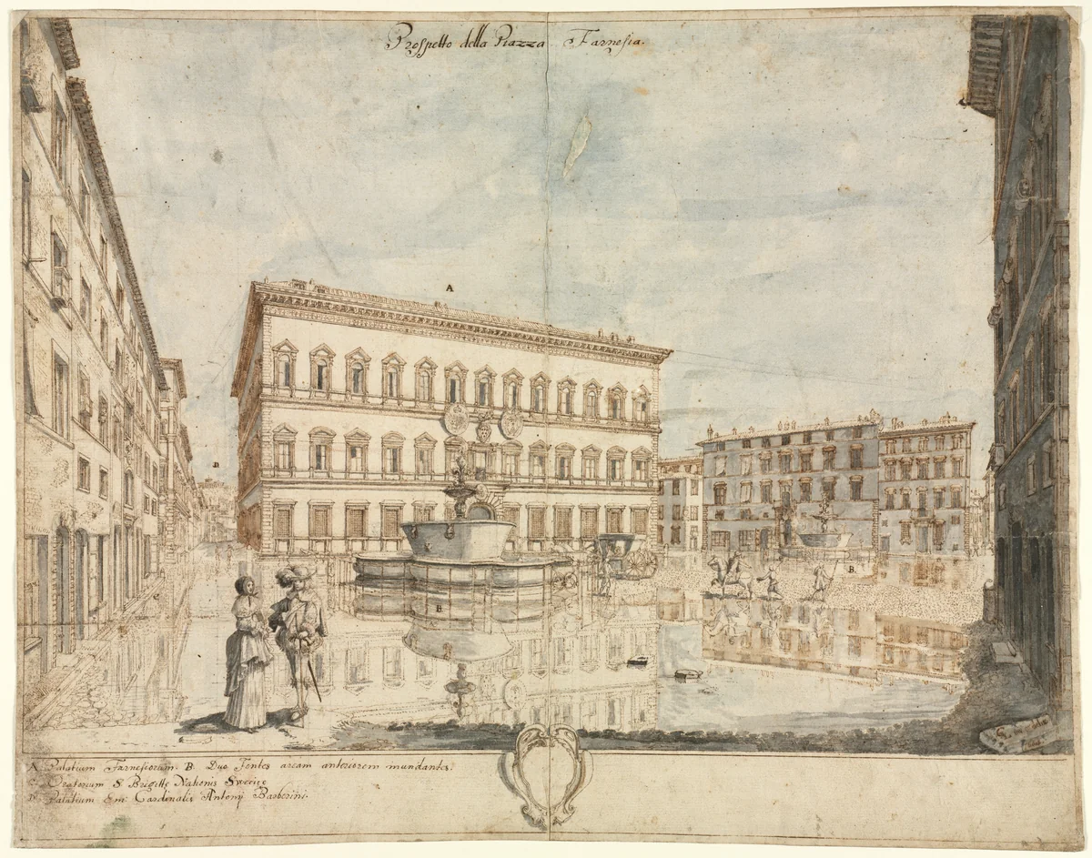 Eighteen Views of Rome: The Piazza Farnese (recto) by Lievin Cruyl, drawing, 1664