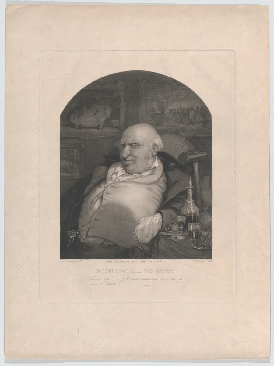 Intemperance.–The Animal: "Though you can guess what temperance should be, You know not what it is"–Shakespeare by T. W. Huffam, print, 1843