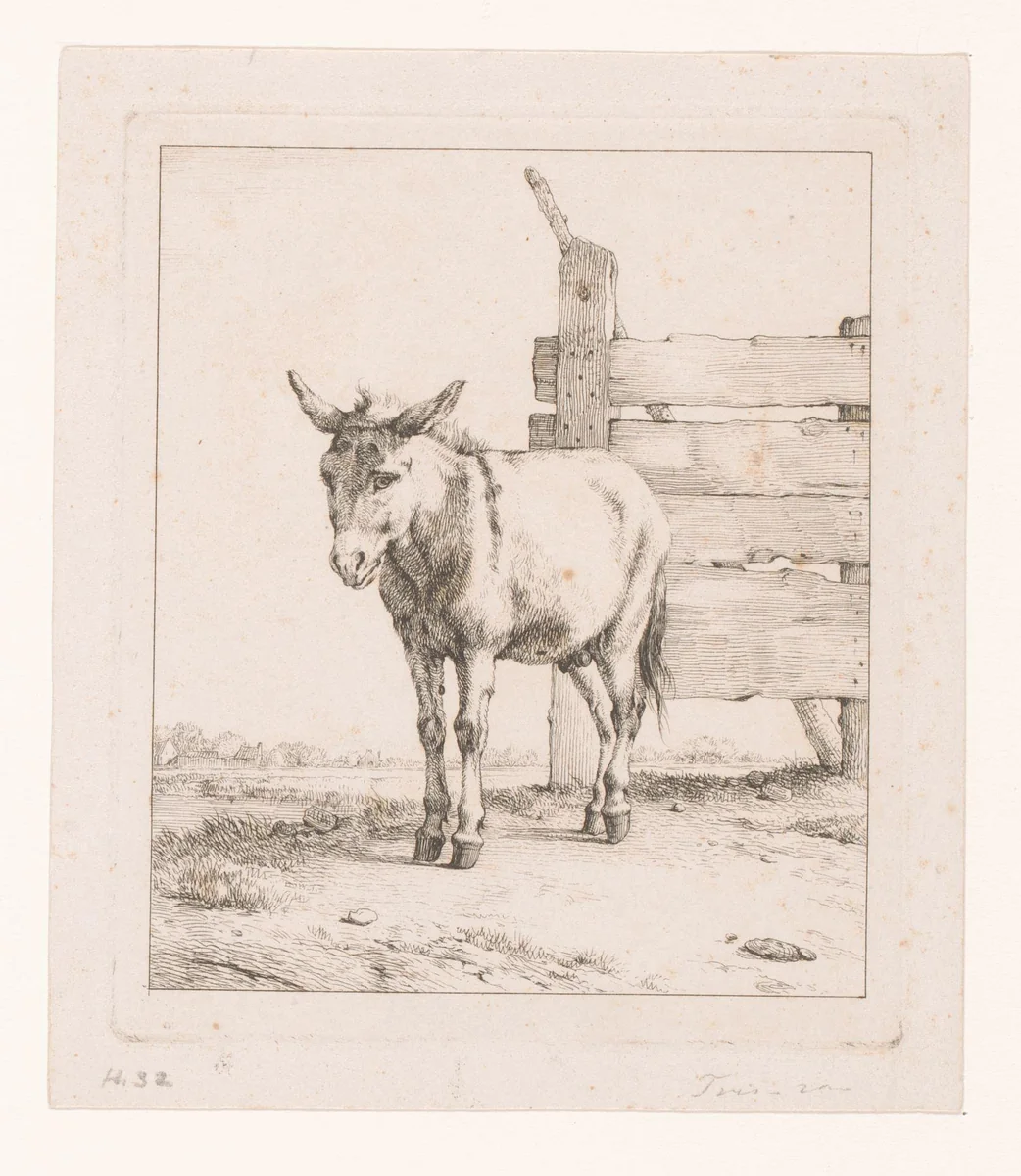 Ezel bij hek by Eugène Verboeckhoven, print, 1808-1881