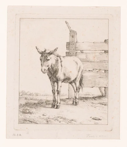 Ezel bij hek by Eugène Verboeckhoven, print, 1808-1881