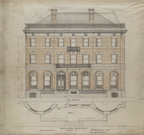 Bryan Lathrop House, Chicago, Illinois, Front Elevation and Terrace Plan by McKim, Mead and White, drawing, 1892