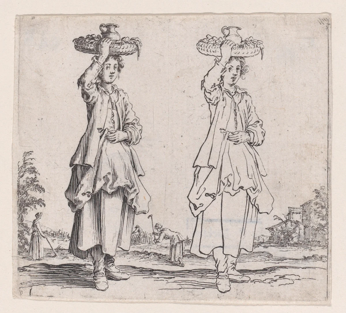 La Paysanne Vue de Face, Tenant un Panier sur sa Tête (The Peasant Woman Viewed from the Front with a Basket on her Head), from "Varie Figure" (Various Figures) by Jacques Callot, print, 1615-1625