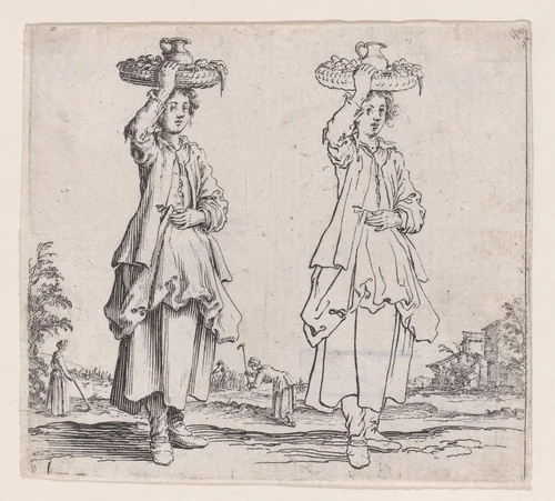 La Paysanne Vue de Face, Tenant un Panier sur sa Tête (The Peasant Woman Viewed from the Front with a Basket on her Head), from "Varie Figure" (Various Figures) by Jacques Callot, print, 1615-1625