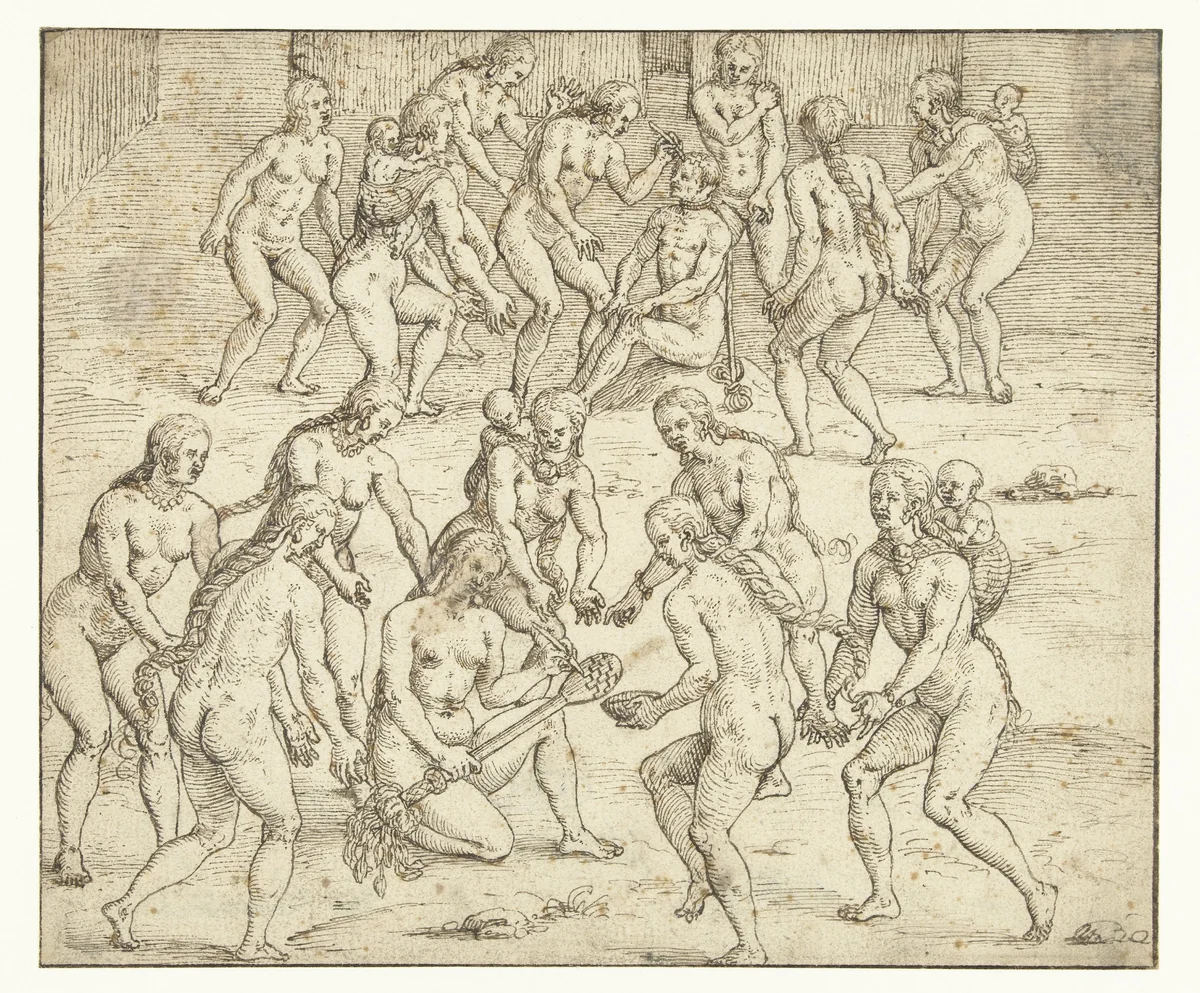 Vrouw bereidt de doding van een gevangene voor by Theodor de Bry, drawing, 1538-1592