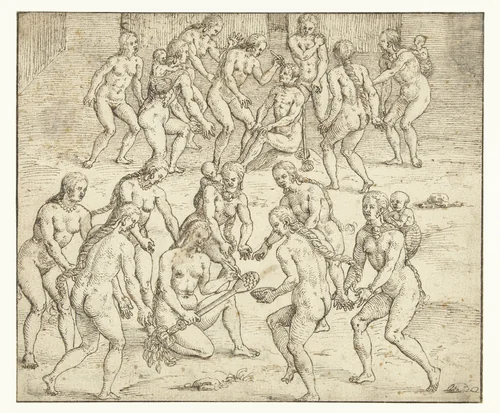 Vrouw bereidt de doding van een gevangene voor by Theodor de Bry, drawing, 1538-1592