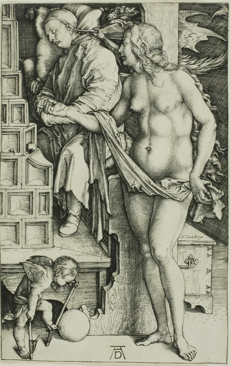 The Temptation of the Idler (The Dream of the Doctor) by Albrecht Dürer, print, 1493-1503
