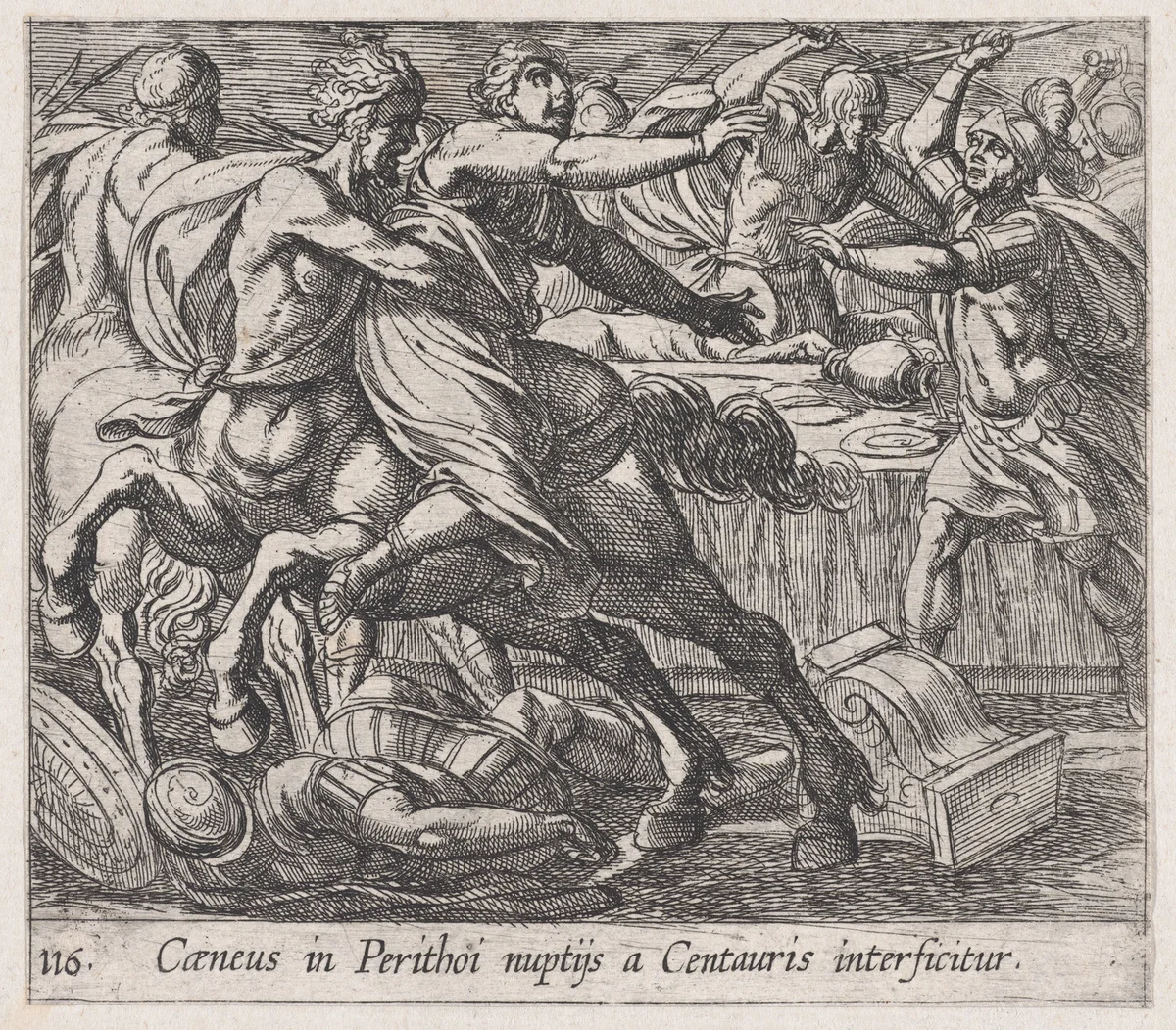Plate 116: The Battle of the Lapithae and the Centaurs (Caeneus in Perithoi nuptijs a Centauris interficitur), from Ovid's 'Metamorphoses' by Antonio Tempesta, print, 1606