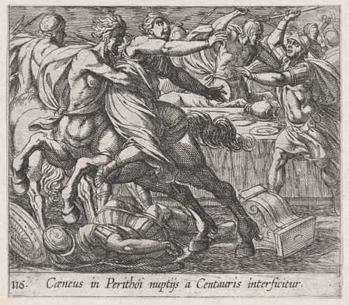 Plate 116: The Battle of the Lapithae and the Centaurs (Caeneus in Perithoi nuptijs a Centauris interficitur), from Ovid's 'Metamorphoses' by Antonio Tempesta, print, 1606