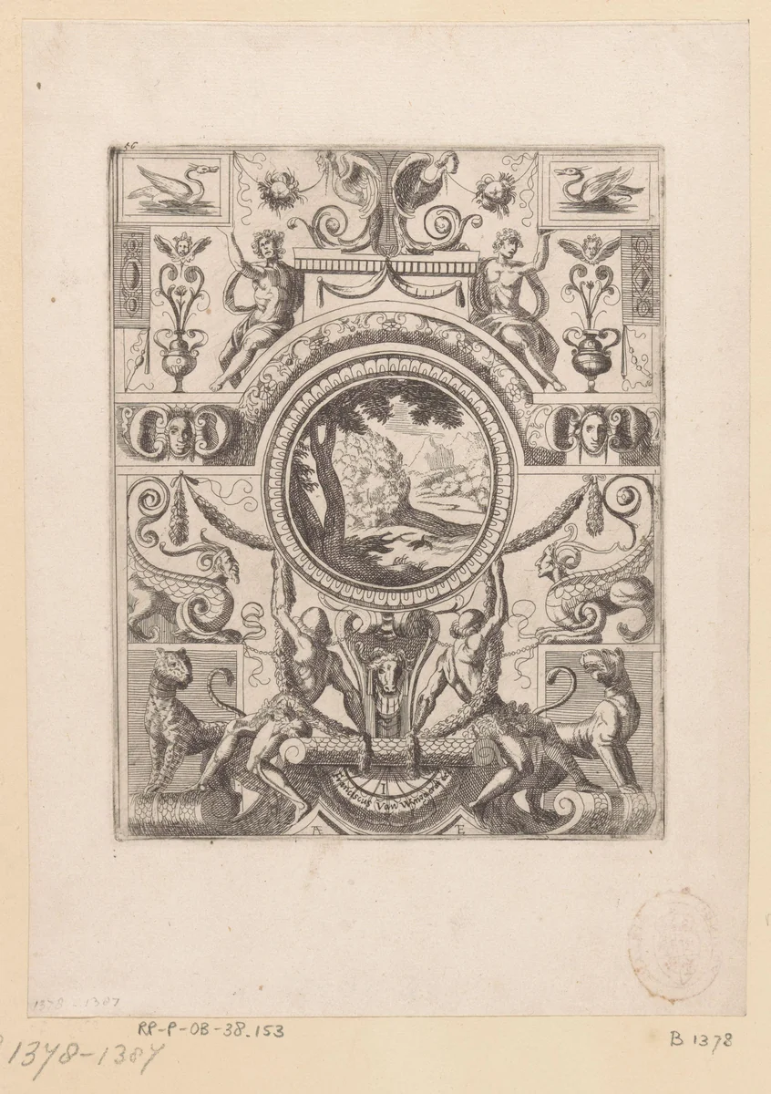 Grotesk ornament met landschap in het midden by anonymous, print, 1624-1679