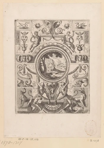 Grotesk ornament met landschap in het midden by anonymous, print, 1624-1679