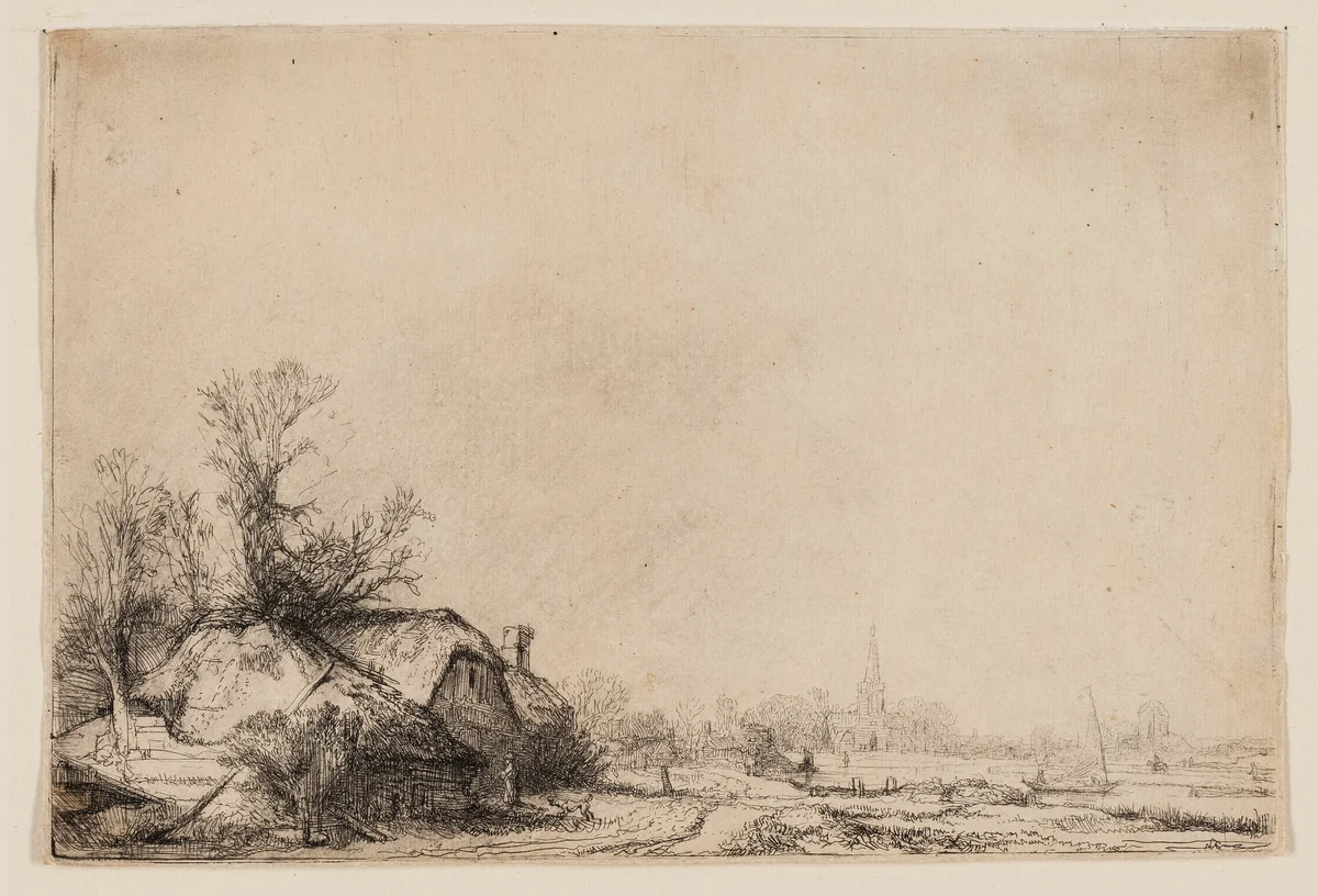 Cottage Beside a Canal with a View of Ouderkerk by Rembrandt van Rijn, print, 1636-1646