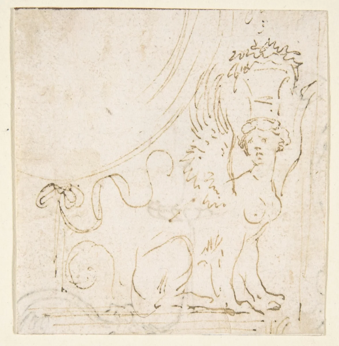 Ornamental Design with a Sphinx Bearing a Vessel on Her Head. by Stefano della Bella, drawing, 1610-1664