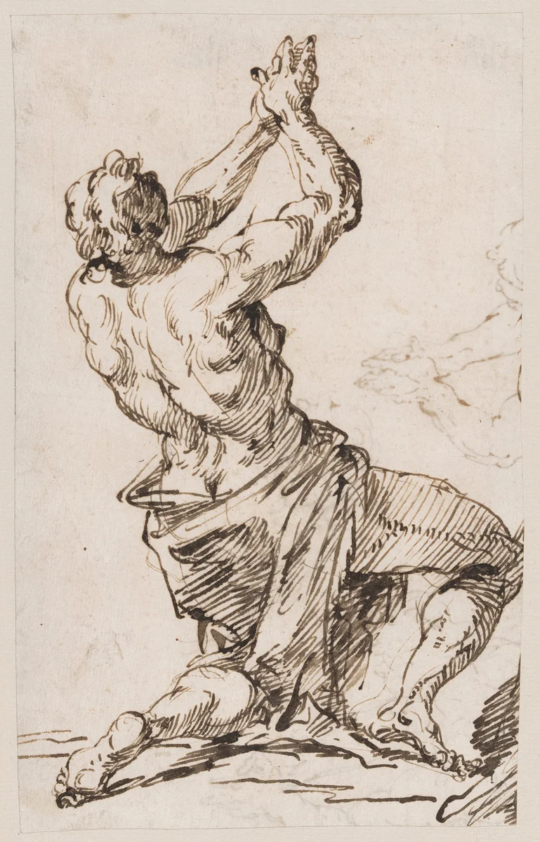 a) Study of a Man Kneeling, Looking Upward (recto); b) Studies of the Same Figure (verso) by Francesco Fontebasso, drawing, 1728-1738