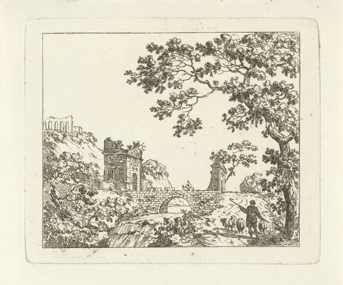 Gezicht op een brug over een rivier met een waterval by Daniël Dupré, print, 1777