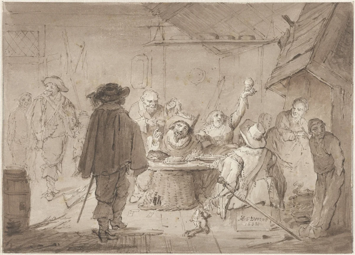 Soldaten die zich in een boerderij te goed doen by Hendrik Jacobus Scholten, drawing, 1887