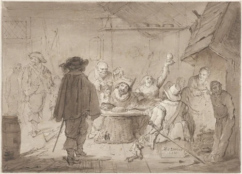 Soldaten die zich in een boerderij te goed doen by Hendrik Jacobus Scholten, drawing, 1887