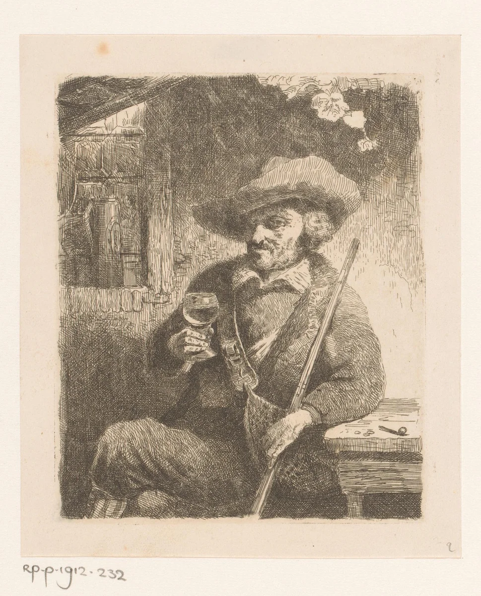 Jager drinkt een glas wijn by Willem Linnig, print, 1829-1885
