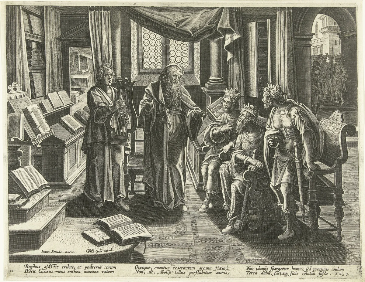 Elisa profeteert voor de koningen van Israël, Juda en Edom by Adriaen Collaert, print, 1587-1591