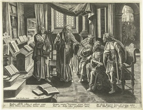 Elisa profeteert voor de koningen van Israël, Juda en Edom by Adriaen Collaert, print, 1587-1591
