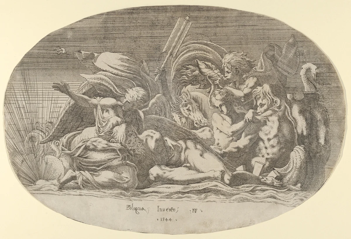 Night Protecting Sleeping Time from the Last Rays of the Sun by Antonio Fantuzzi, print, 1544