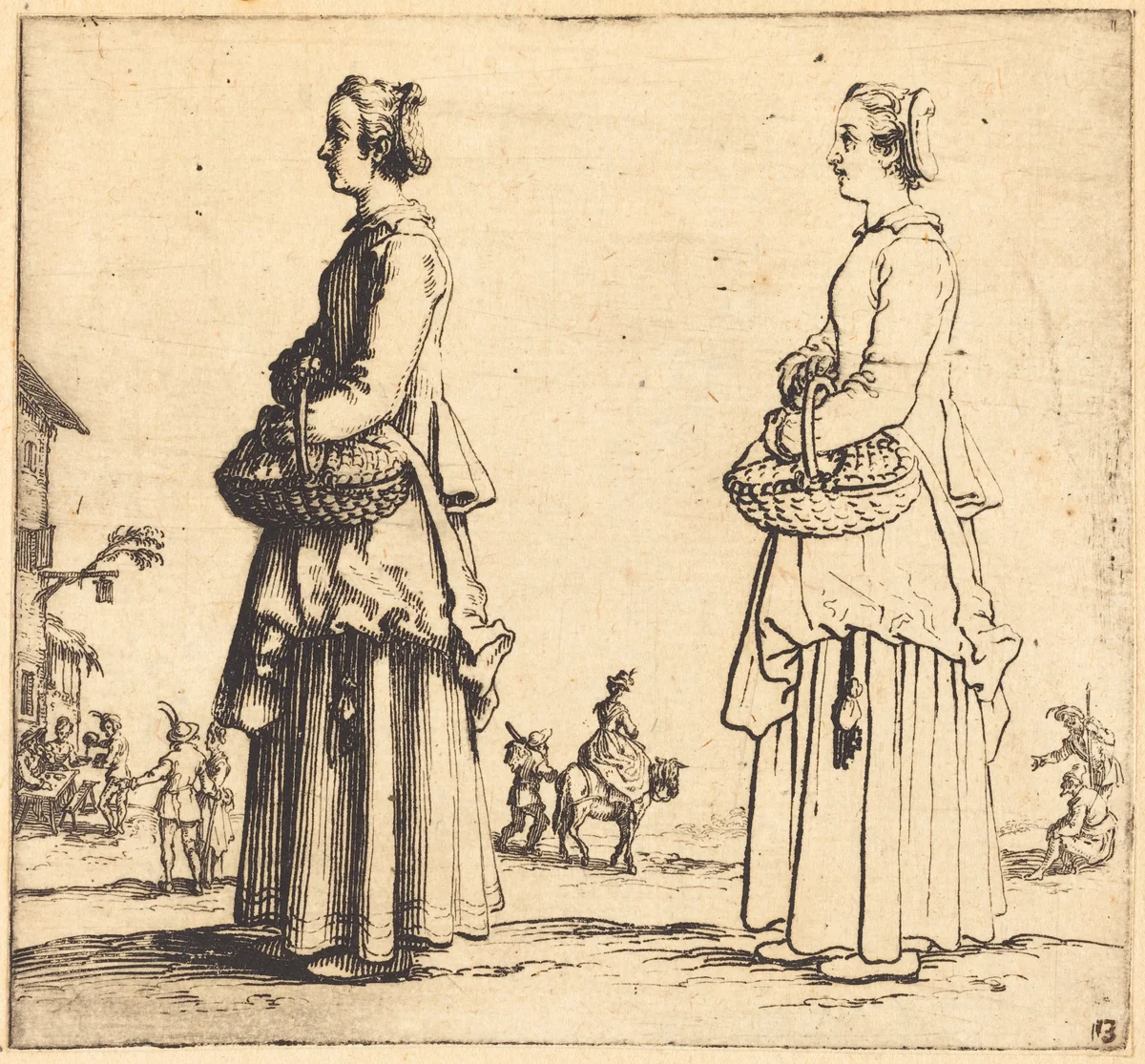 Peasant Woman with Basket, in Profile, Facing Left by Jacques Callot, print, 1621-1624