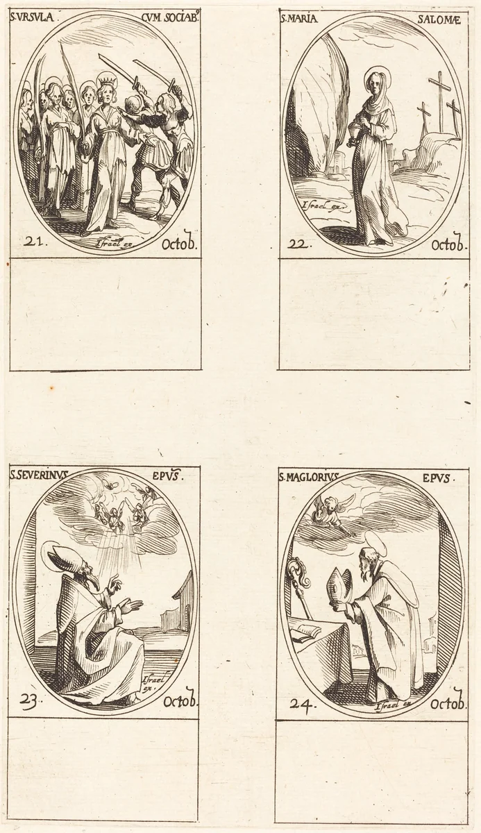 St. Ursula and Companions; St. Mary Salome; St. Severinus; St. Maglorius by Jacques Callot, print, 1627-1637