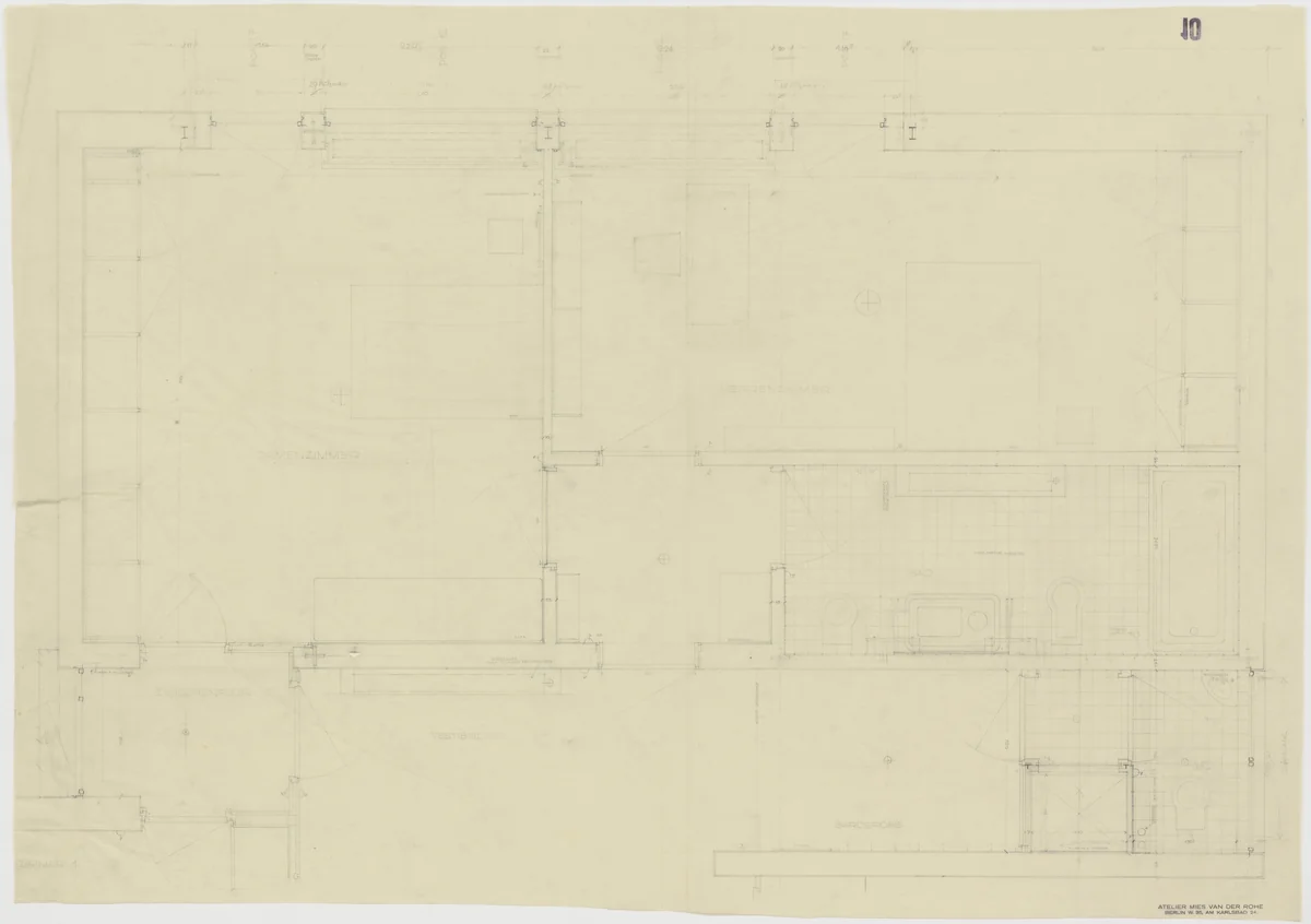 Tugendhat House, Brno, Czech Republic, Master bedroom, lady's bedroom, two bathrooms. Plan. by Ludwig Mies van der Rohe, mies van der rohe archive, 1928