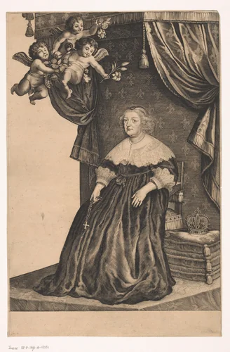 Portret van Maria de' Medici zittend op troon by Cornelis van Dalen, print, 1639