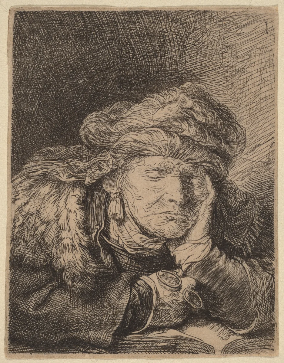 Old Woman Sleeping by Rembrandt van Rijn, print, 1635-1637