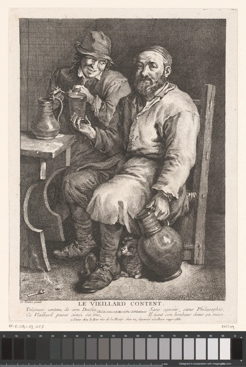 Drinkende man op een stoel in een herberginterieur by Jacques-Philippe Le Bas, print, 1735