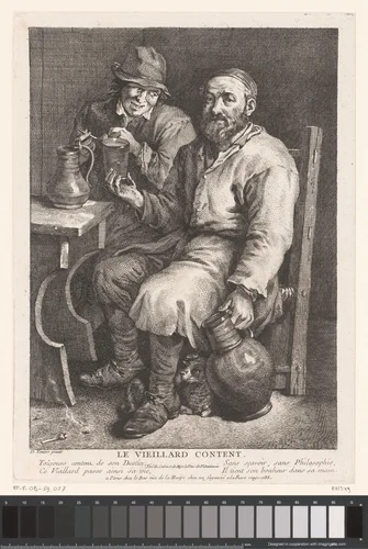 Drinkende man op een stoel in een herberginterieur by Jacques-Philippe Le Bas, print, 1735