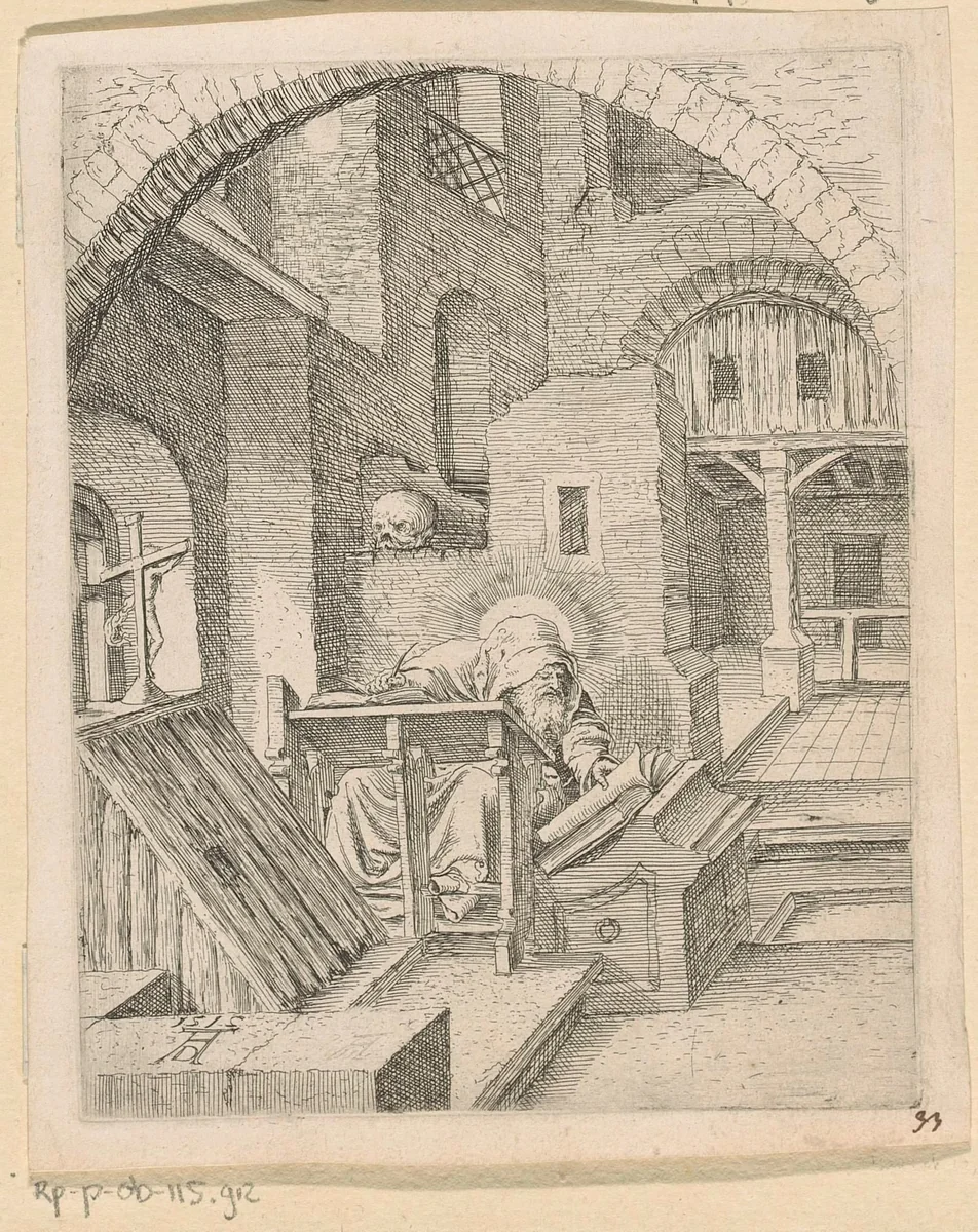 Heilige Hieronymus in zijn studeervertrek by anonymous, print, 1514-1519