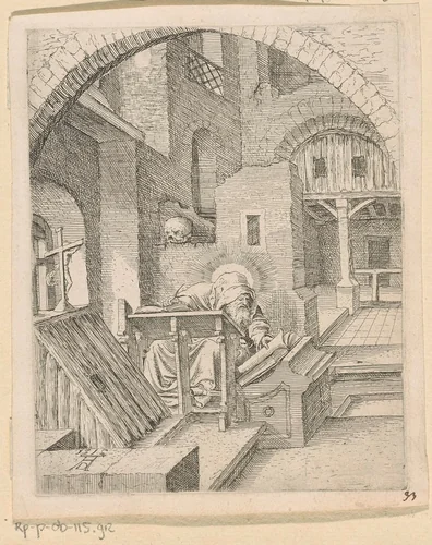Heilige Hieronymus in zijn studeervertrek by anonymous, print, 1514-1519