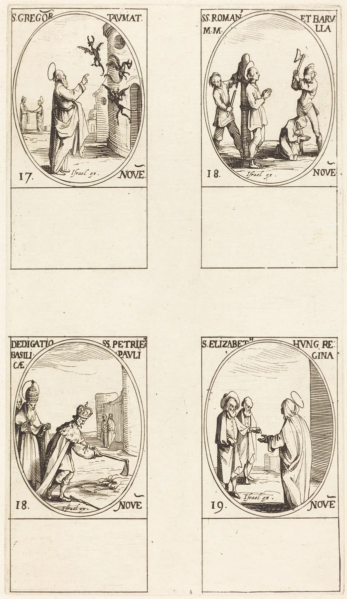 St. Gregory; Sts. Romanus & Barulla; Dedication of the Basilicas of Sts. Peter & Paul; St. Elizabeth by Jacques Callot, print, 1627-1637