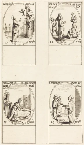 St. Gregory; Sts. Romanus & Barulla; Dedication of the Basilicas of Sts. Peter & Paul; St. Elizabeth by Jacques Callot, print, 1627-1637