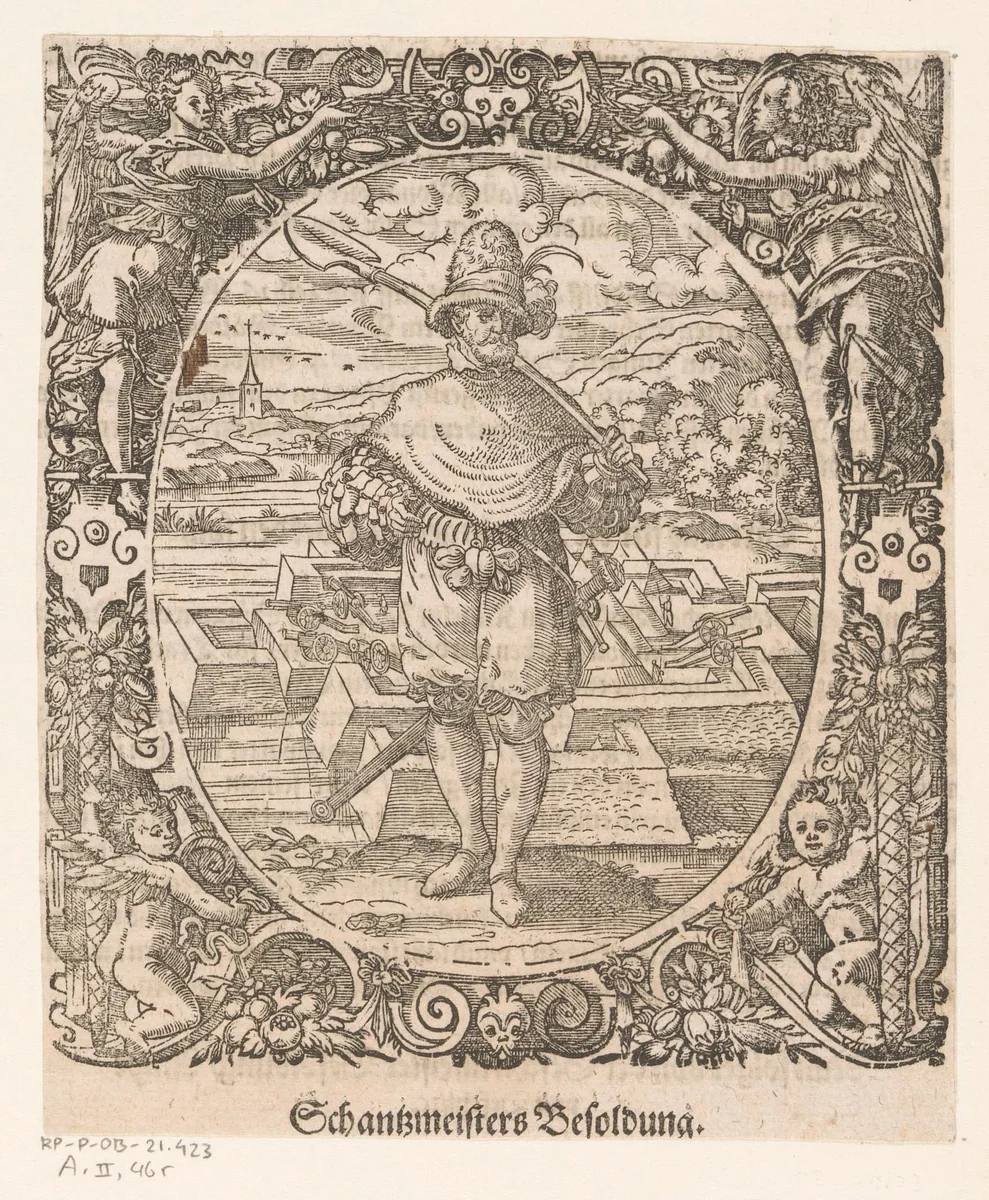 Militair bij een ommuurd tentenkamp by Jost Amman, print, 1573