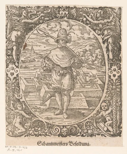 Militair bij een ommuurd tentenkamp by Jost Amman, print, 1573