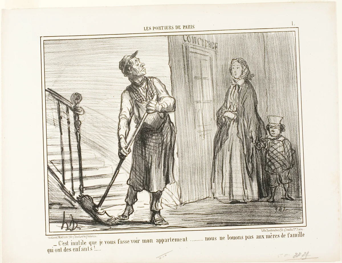 “- It's useless to show you my apartment. We are not renting out to mothers with children,” plate 1 from Les Portiers De Paris by Honoré-Victorin Daumier, print, 1856